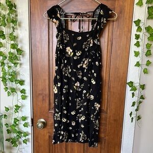Square Neck Floral Tie Back Mini Dress in Floral Black